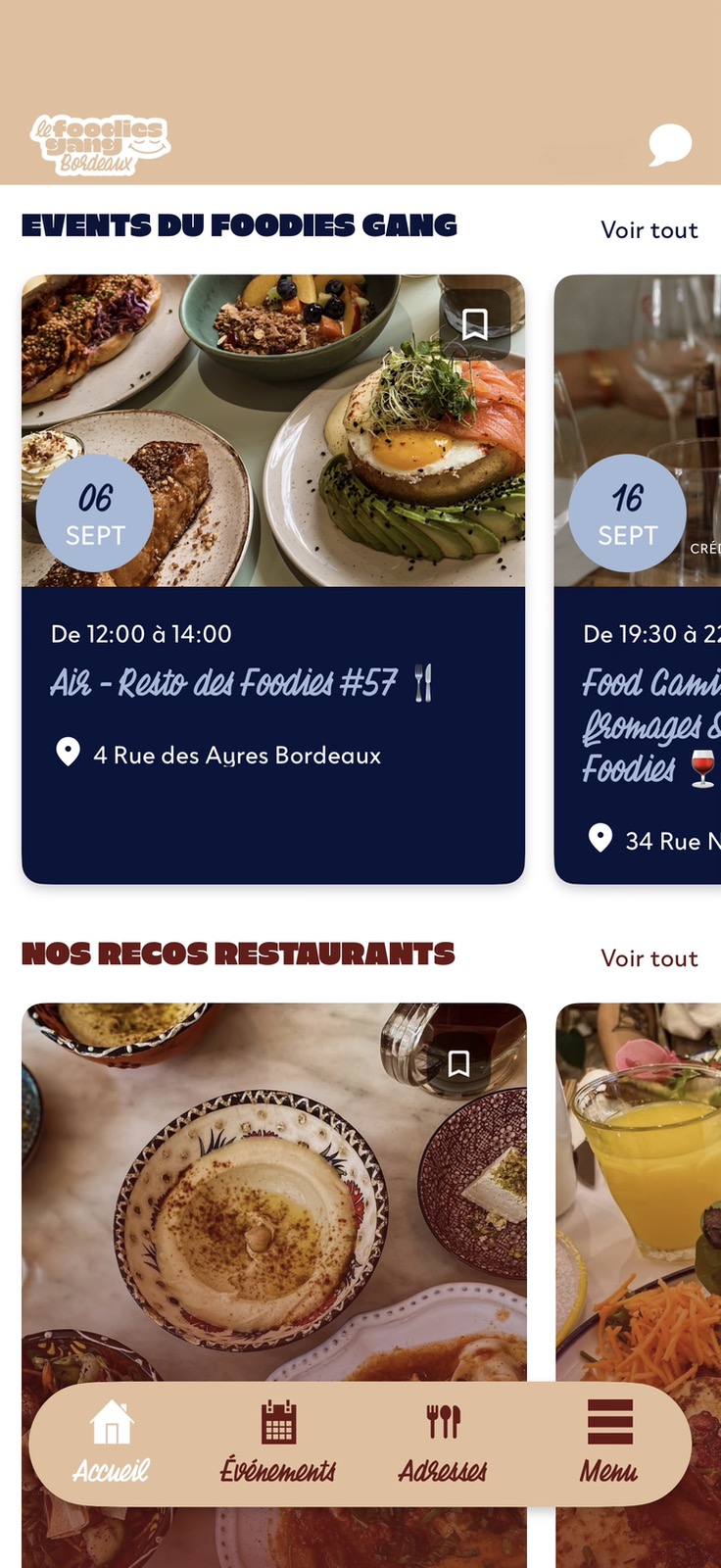 Capture de l'application Le Foodies Gang avec l'agenda et les adresses food